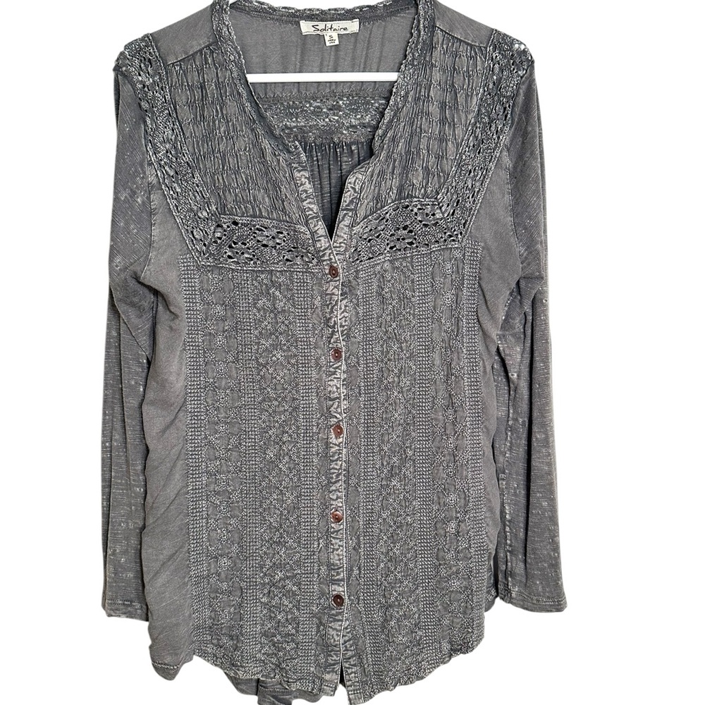 Solitaire Gray Long Sleeve Button Down Shirt with Mandarin Collar